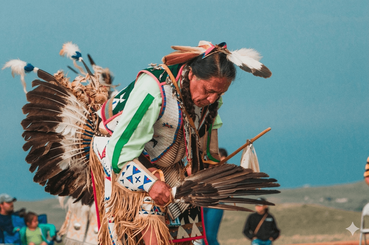 Native American man dressed in traditional attire with feathers and beaded accessories, holding a feathered fan, outdoors with a mountain landscape and several people in the background.
