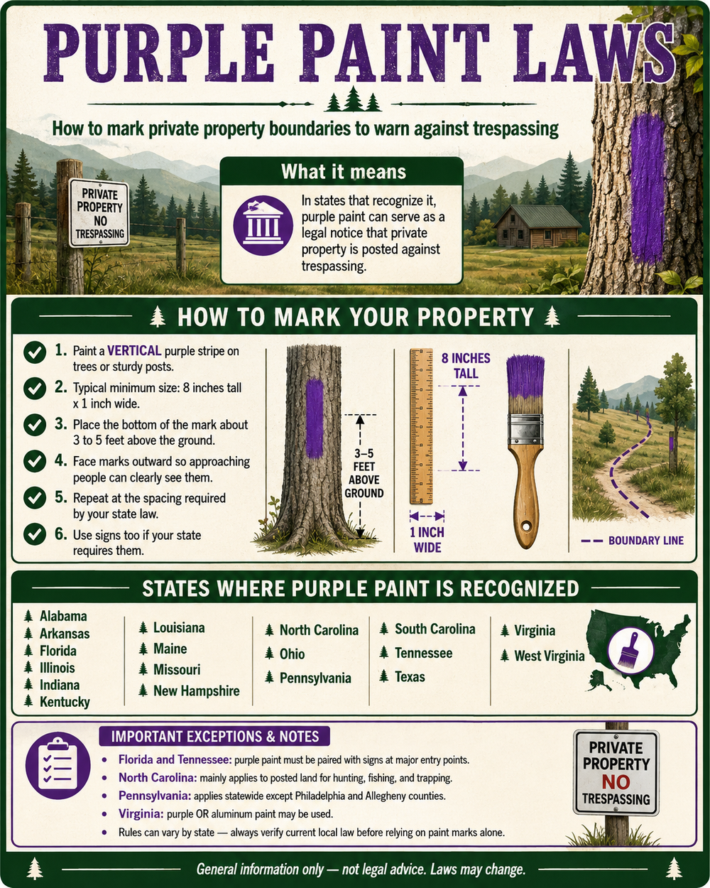 UGBA Purple Paint Laws infographic explaining how private property may be marked with purple paint and listing states that recognize purple paint laws
