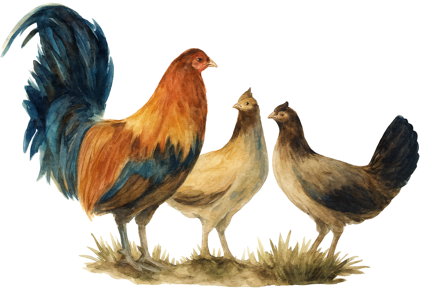 Painting of three chickens standing on grass with a simple background.