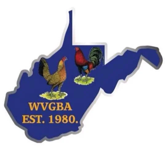 Outline of West Virginia filled with a blue background, featuring a hen and a rooster, with the text "WVGBA EST. 1980."