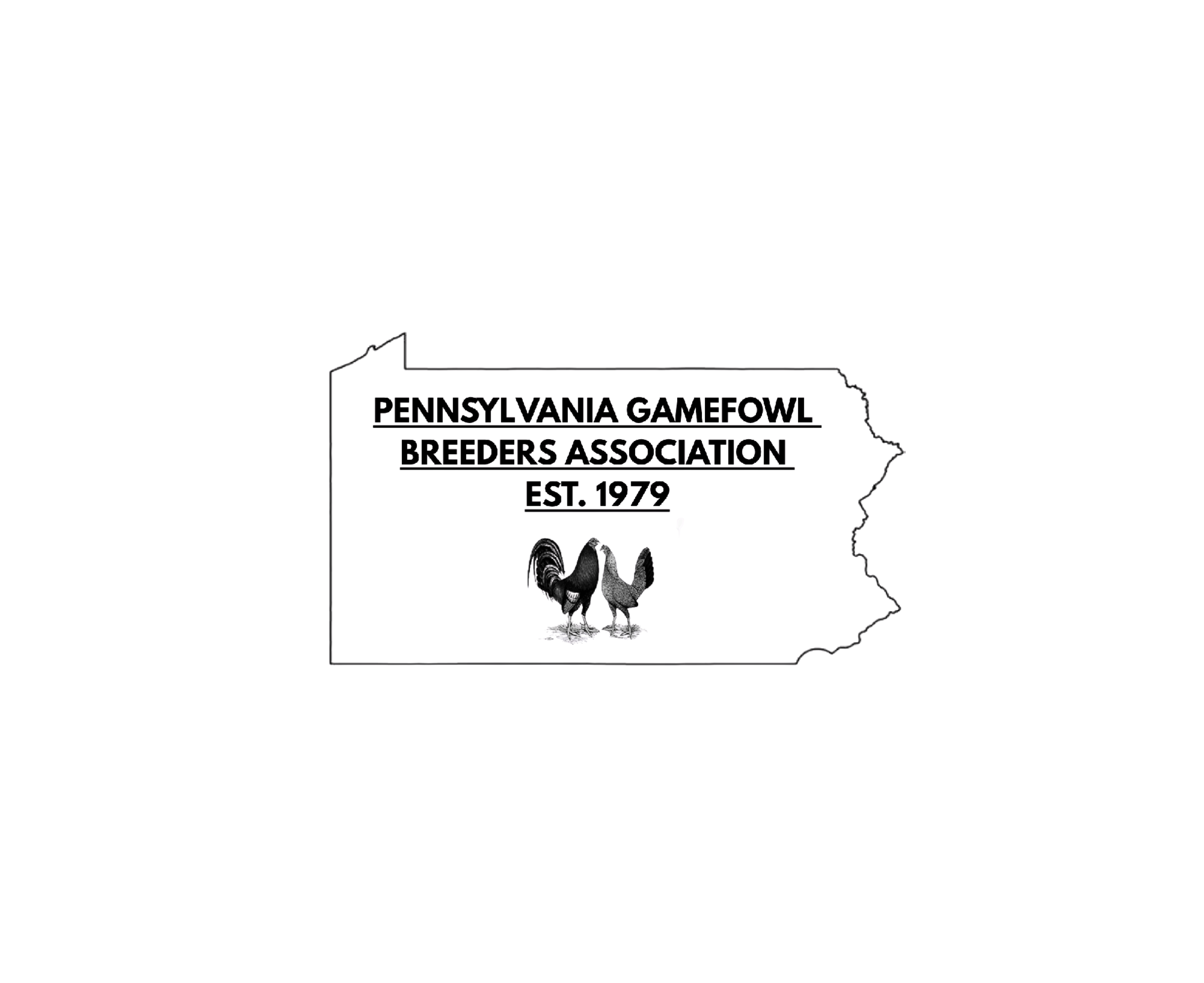 Outline map of Pennsylvania with black text overlaid that reads 'Pennsylvania Gamefowl Breeders Association Est. 1979' and an image of a rooster below the text.
