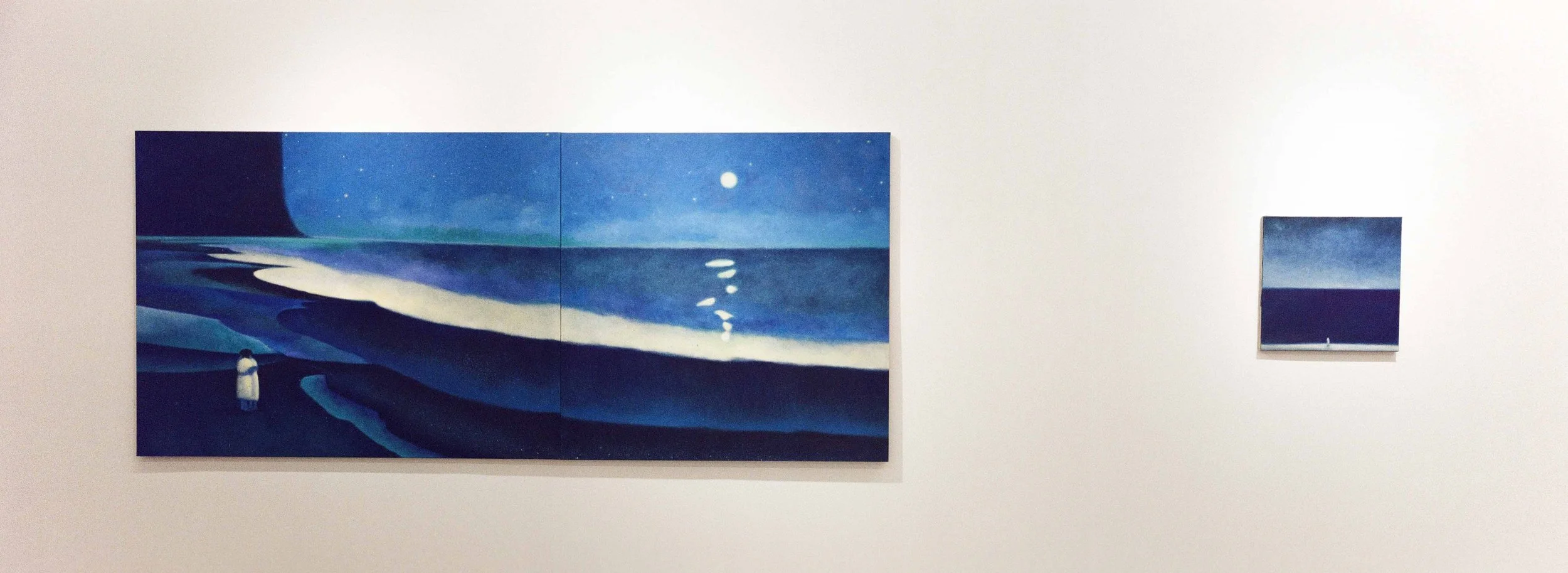 From left: The chatter has ceased, 2022, oil and soft pastel on linen, 45.5 × 45.5 cm; My Soul Too Sings the Songs of the Beloved, 2023, oil and soft pastel on linen, 257.2 × 112.2 cm.