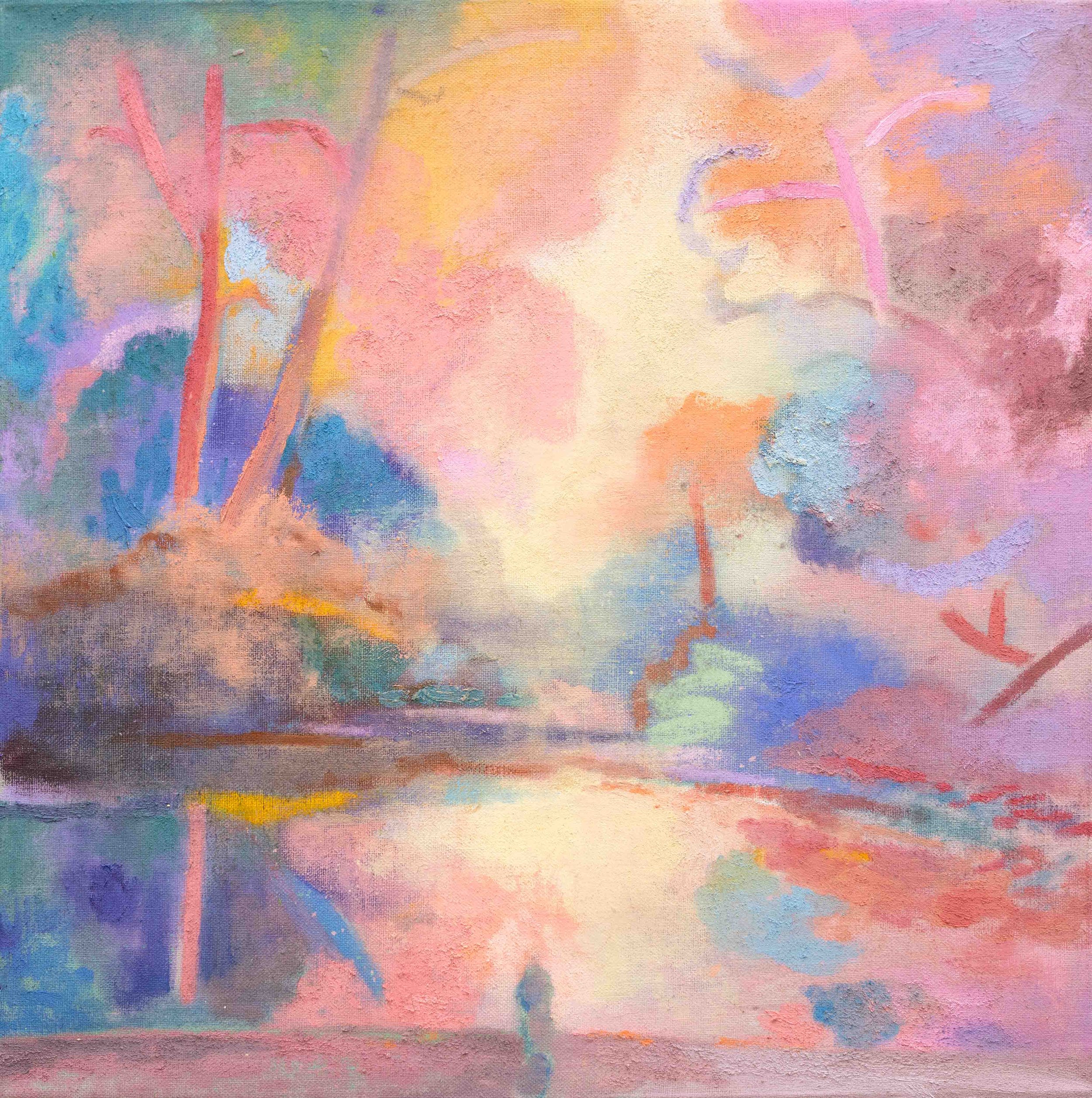 “모든 것이 부드럽게 형태를 잃었다” (Everything Became Softly Amorphous), 2023, oil and soft pastel on linen, 45.5 × 45.5 cm.