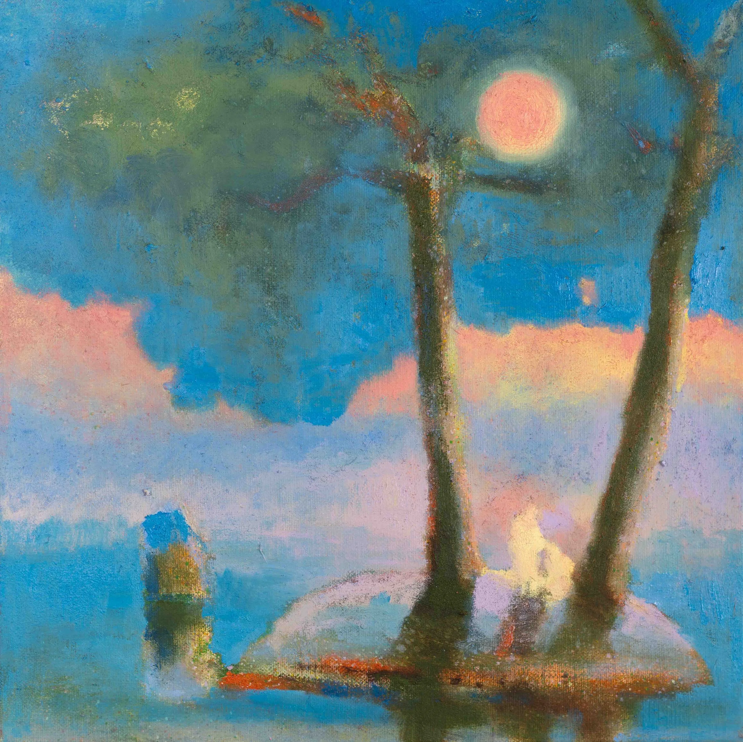“우린 꿈을 꾸고 있어”, 2022, oil and pastel on linen, 31.8 × 31.8 cm.