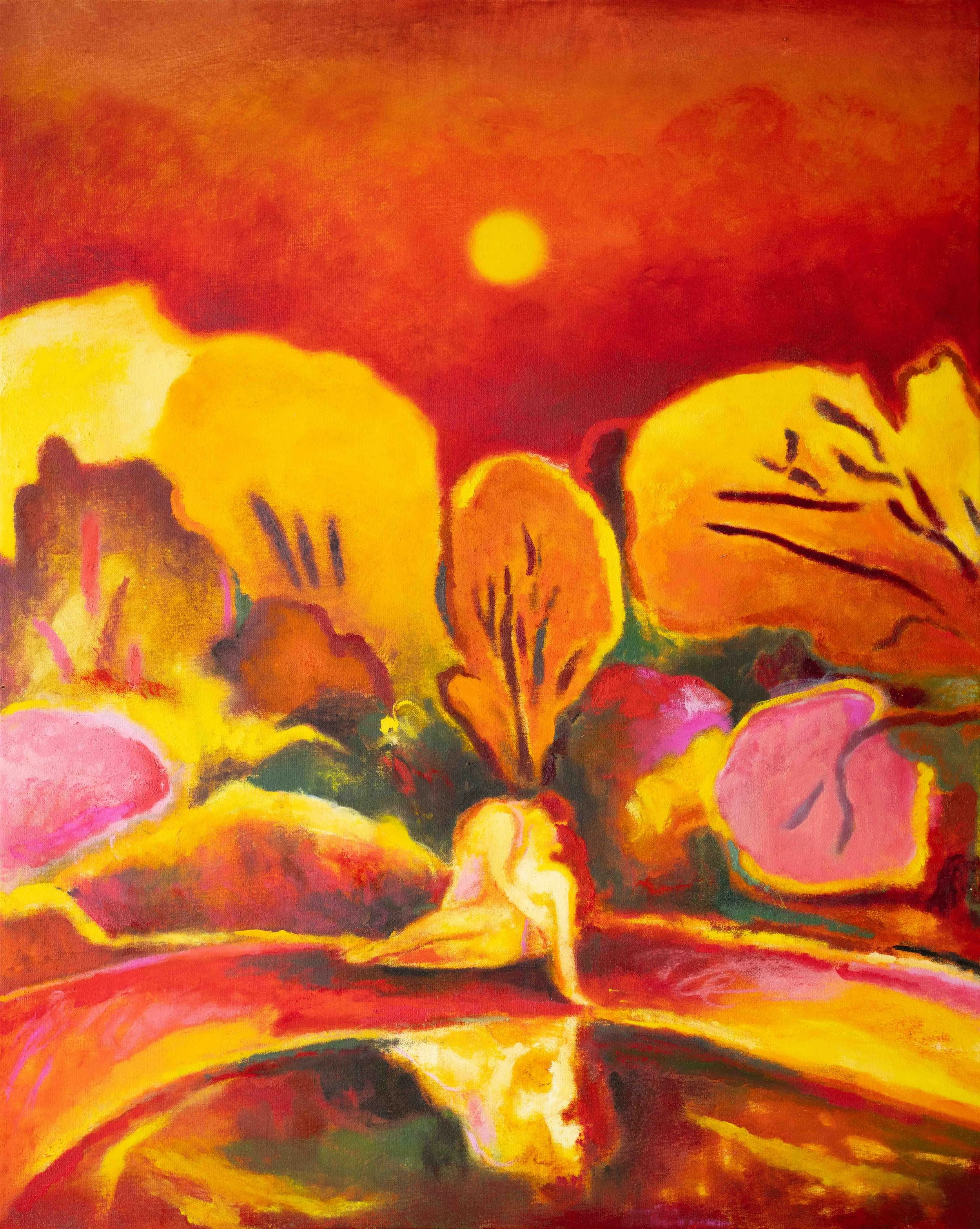 “가느다란 목에 숨 쉴 때” (When Breathing Through a Slender Neck), 2023, oil and soft pastel on linen, 90.9 × 72.7 cm.