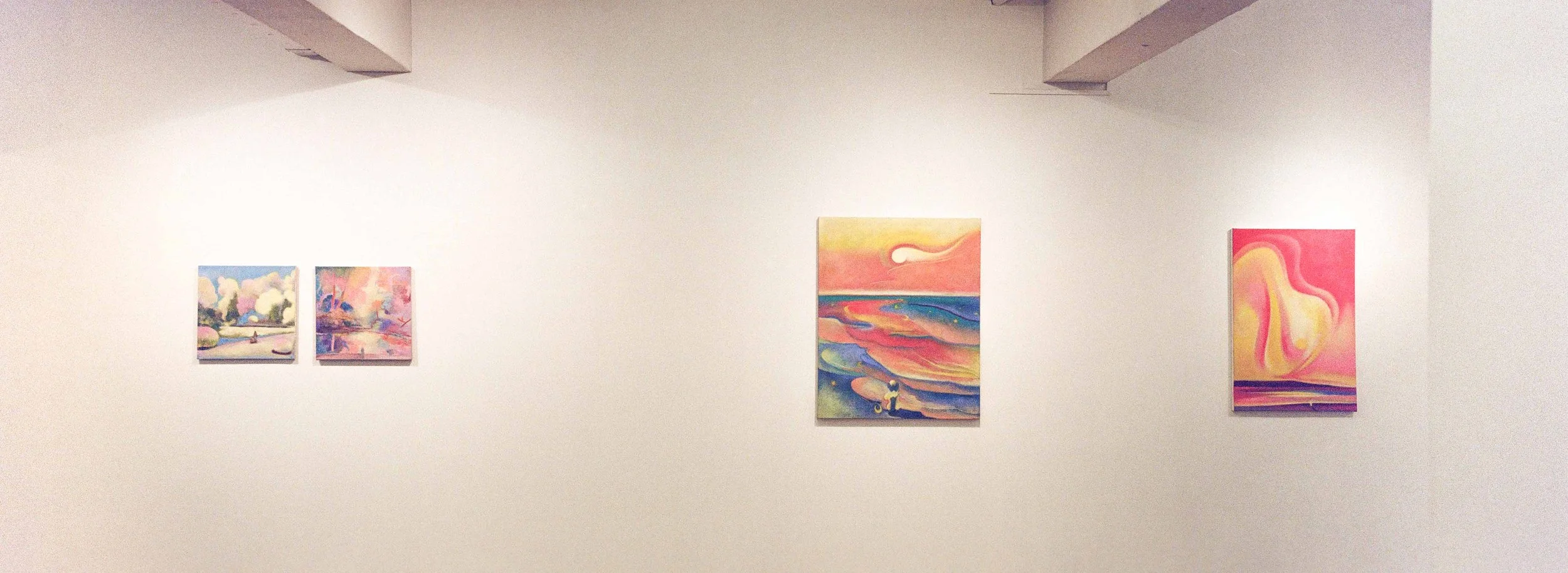 From right: 나무들 처럼 (As Trees Do), 2023, oil and soft pastel on linen, 45.5 × 45.5 cm; 모든 것이 부드럽게 형태를 잃었다 (Everything Became Softly Amorphous), 2023, oil and soft pastel on linen, 45.5 × 45.5 cm; Beau soir, 2025, oil and soft pastel on canvas, 80.3 × 