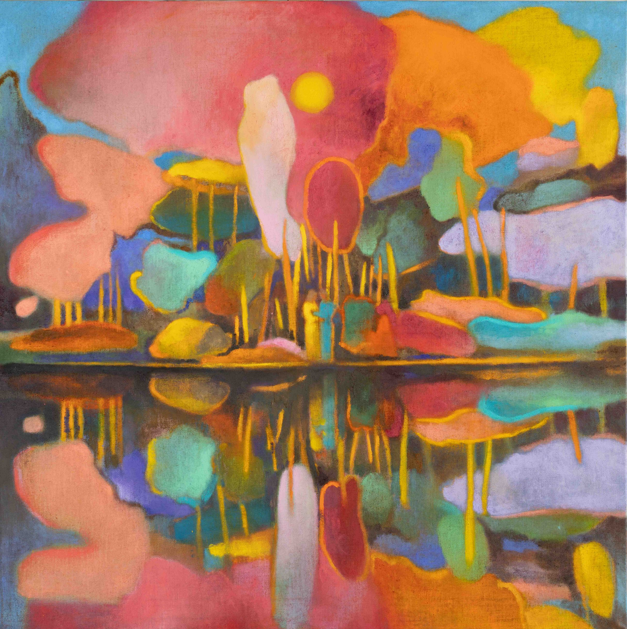 “그 아무도 우리에 대해 상상한 적 없어” (No One Has Imagined Us), 2023, oil and soft pastel on linen, 90.7 × 90.7 cm.
