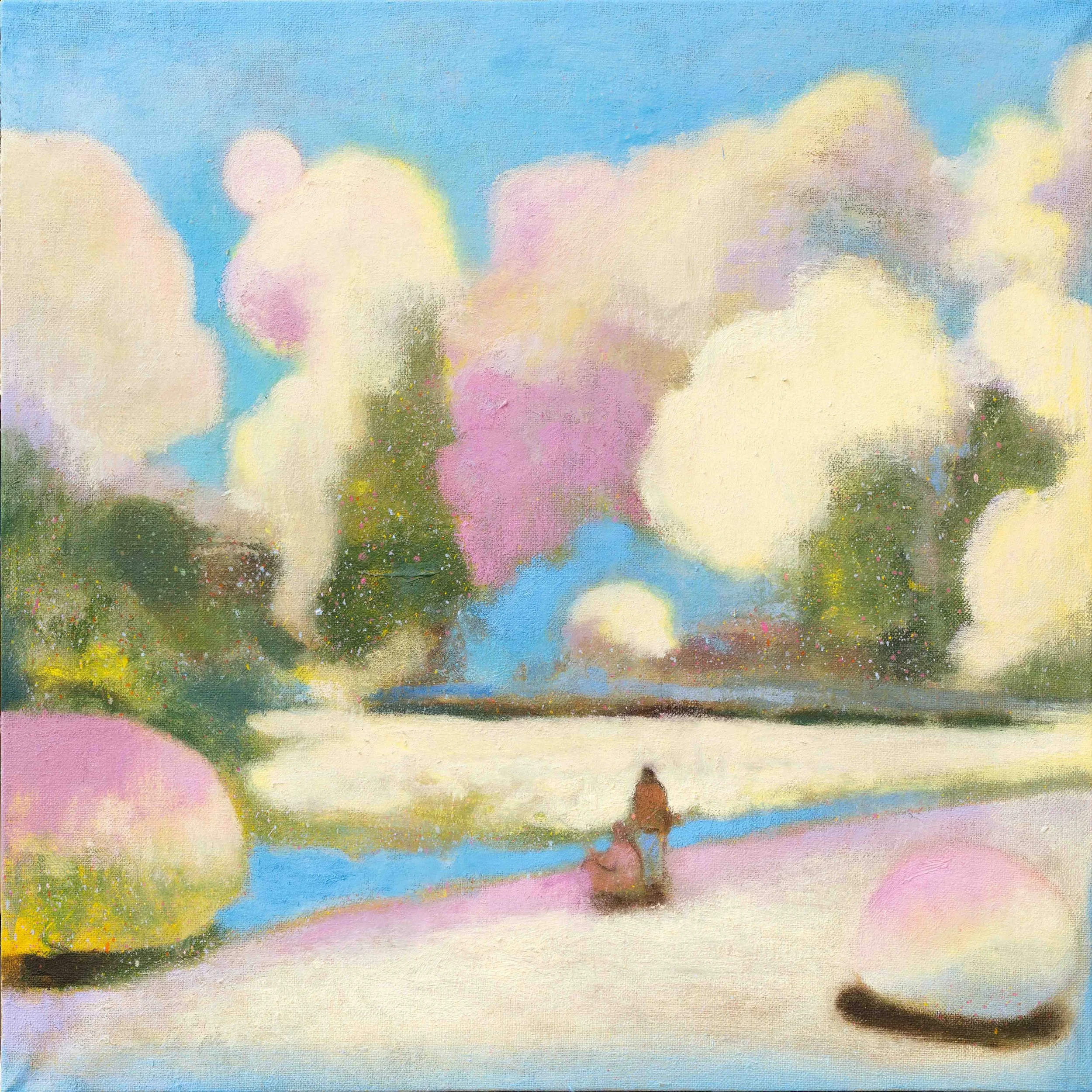 “나무들처럼” (As Trees Do), 2023, oil and soft pastel on linen, 45.5 × 45.5 cm.