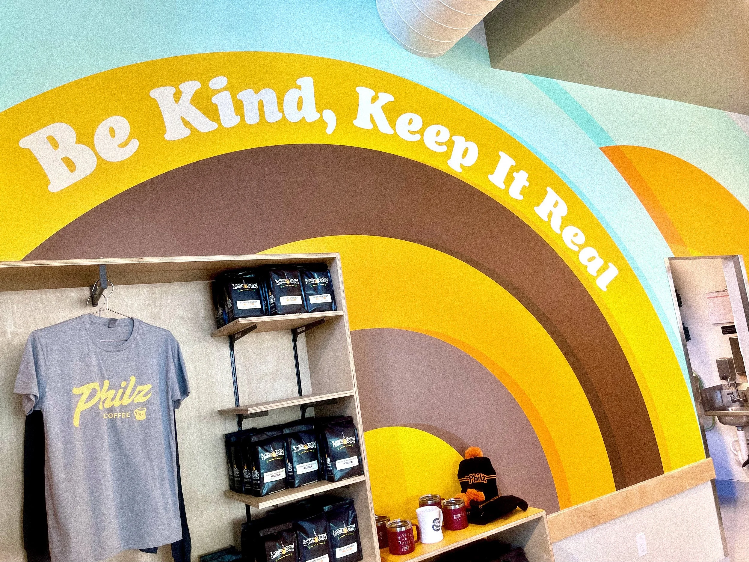 Be Kind, Keep It Real lettering incorporated into Andrew Haan's mural for Philz Coffee Calabasas