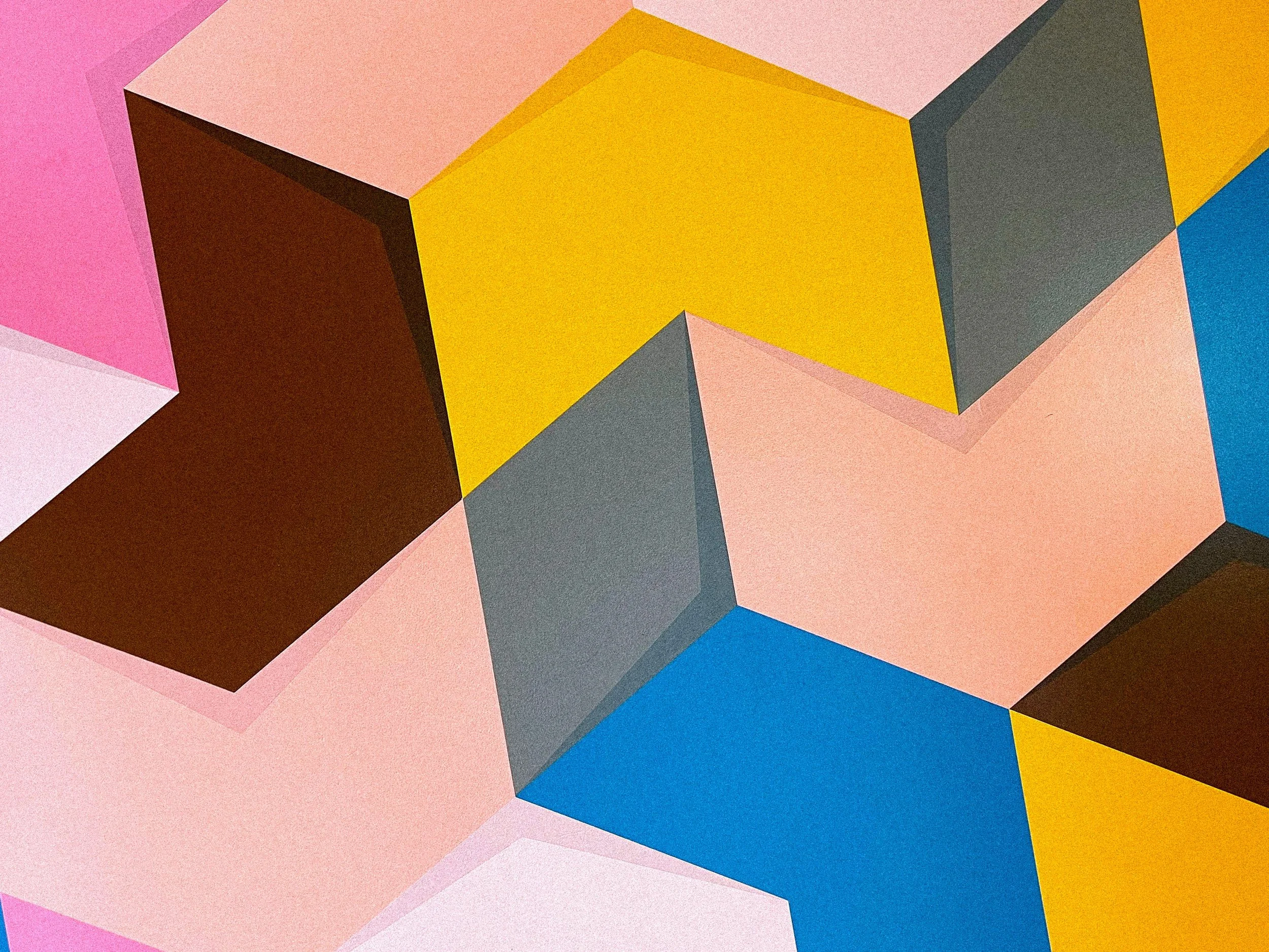 Detail of the Philz Coffee mural featuring interlocking pink, yellow, blue, brown, and gray geometric forms.