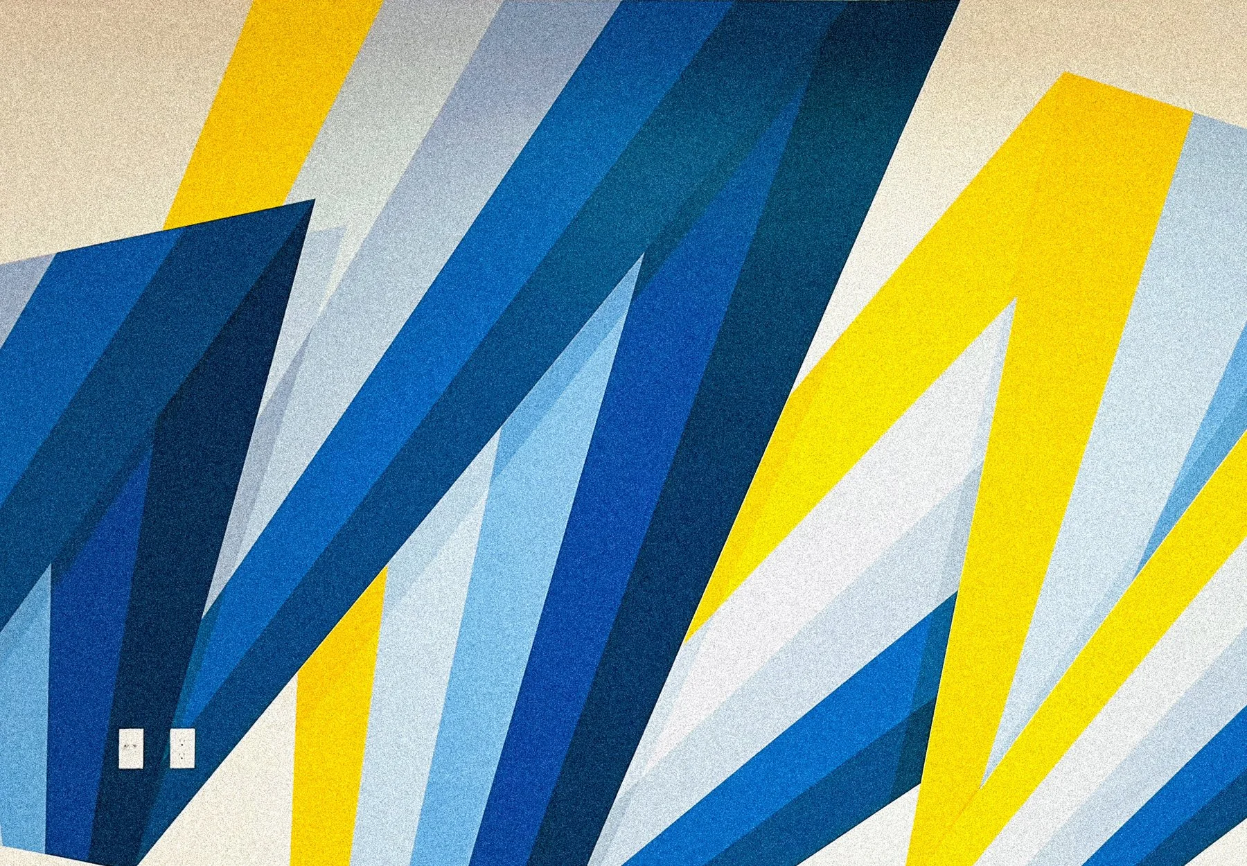 Blue and yellow geometric interior mural by Andrew Haan for The MARK and UCLA in Brentwood, Los Angeles, California