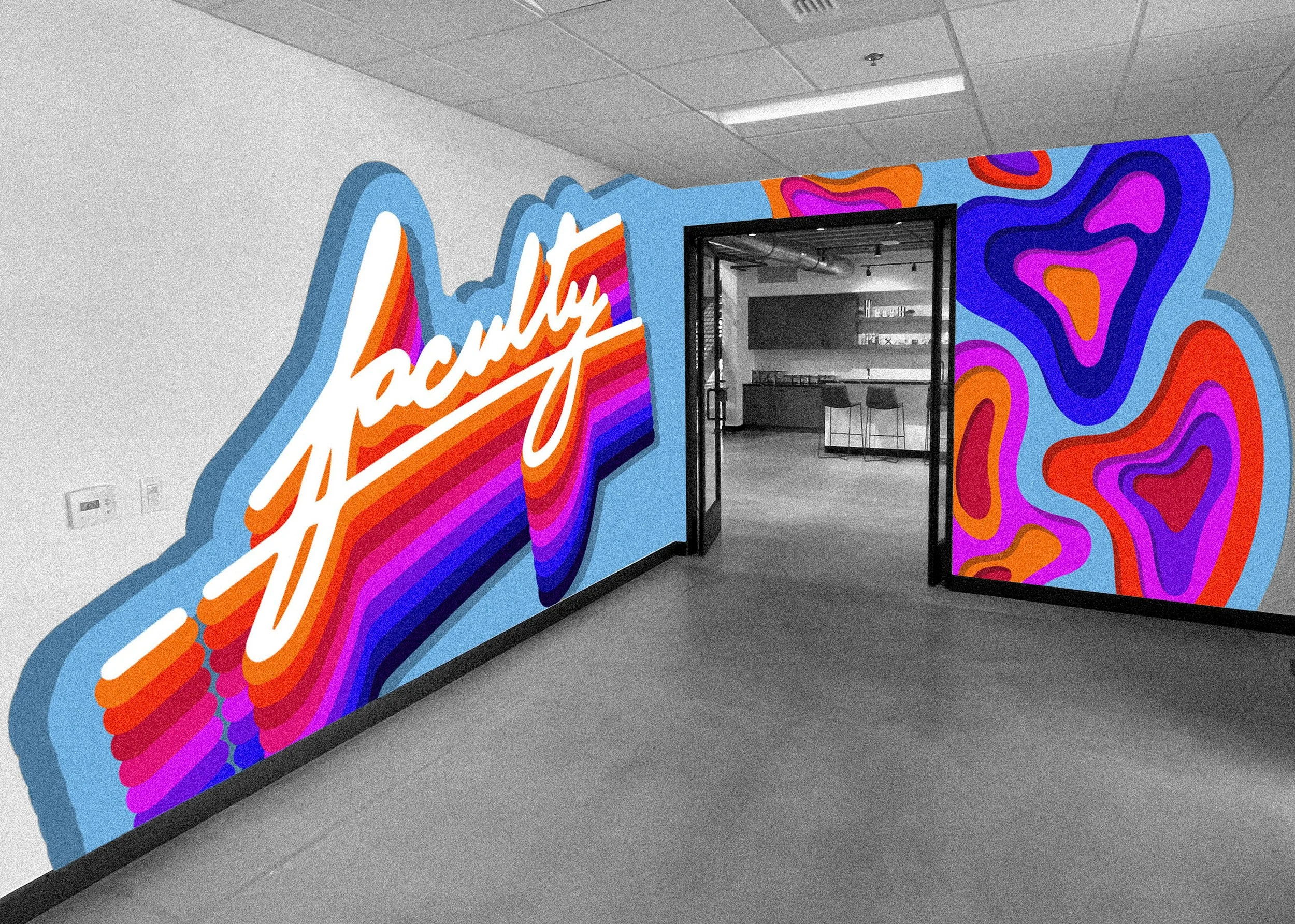 Alternate Faculty Inc. mural concept combining the company logo with colorful abstract organic forms
