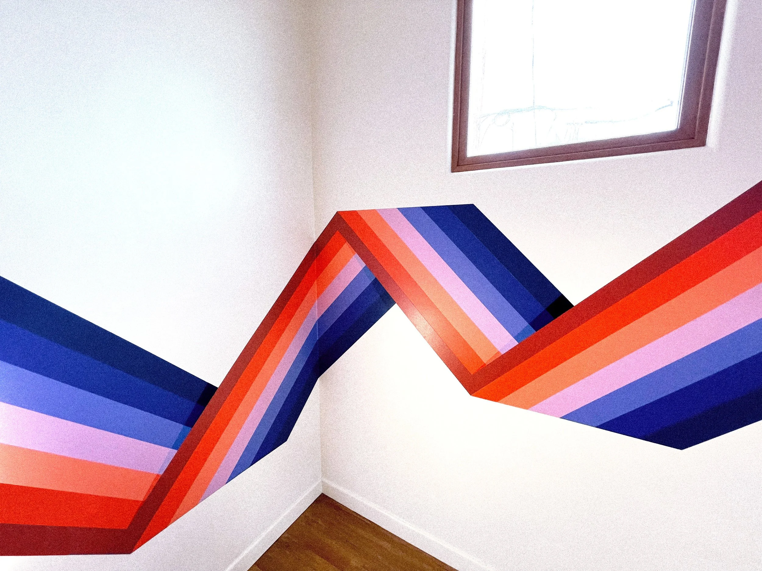 Geometric Fourthwall office mural in Venice, California by Andrew Haan featuring dimensional blue, purple, orange, and coral forms.