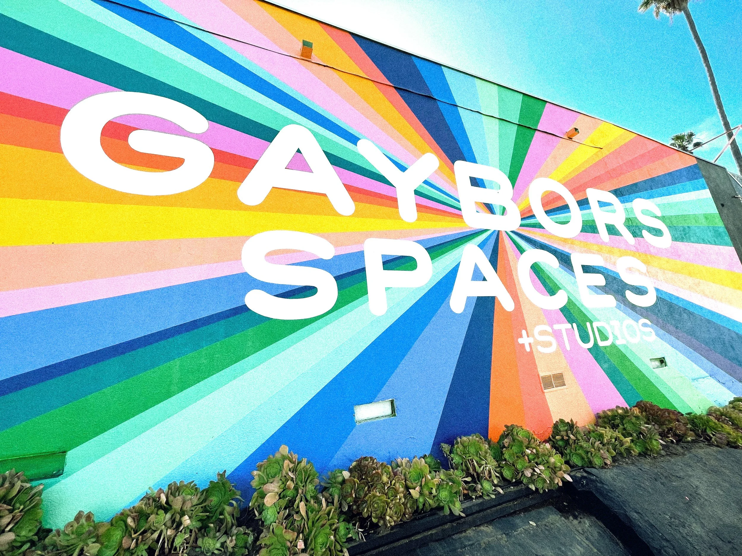 Colorful geometric exterior mural by Andrew Haan for Gaybors Spaces in Los Angeles, California