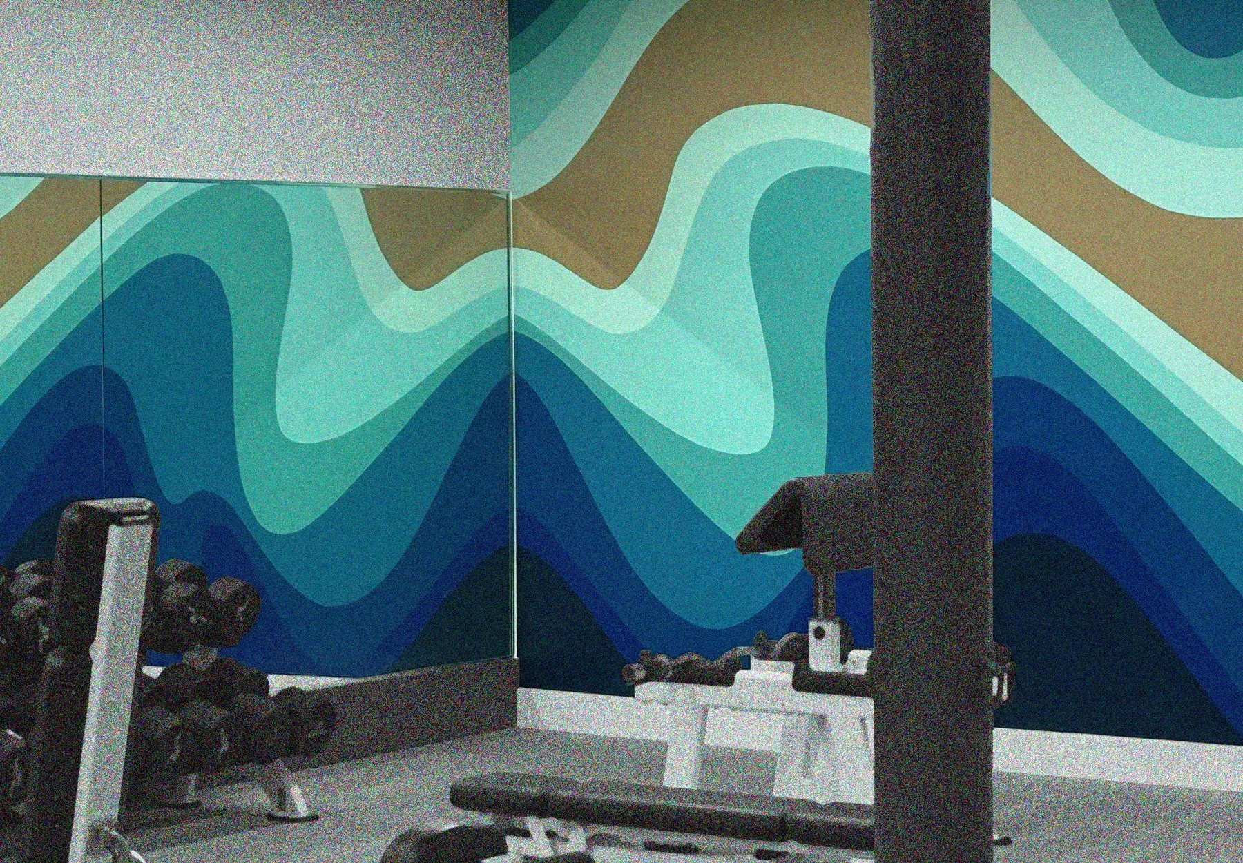 Layered blue and green geometric fitness club mural by Andrew Haan for Bay Club in California