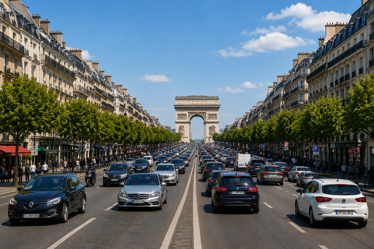 Busy street in Paris with many cars, trees lining the sidewalks, pedestrians, and the Arc de Triomphe in the distance under a blue sky.