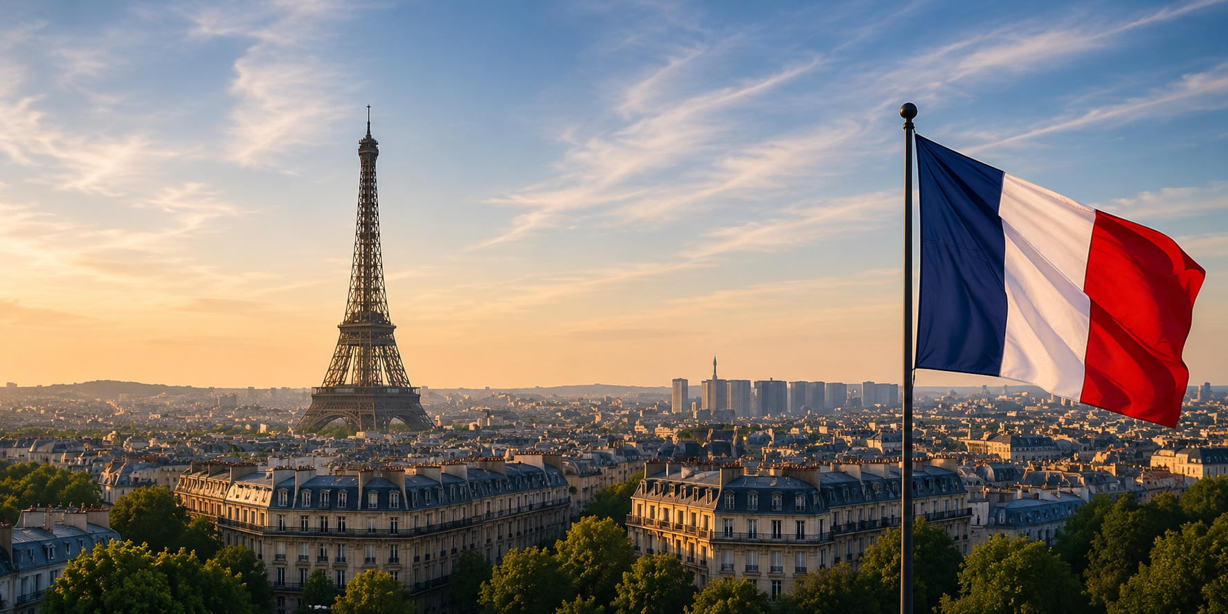 Eiffel Tower in Paris with a French flag in the foreground during sunset.