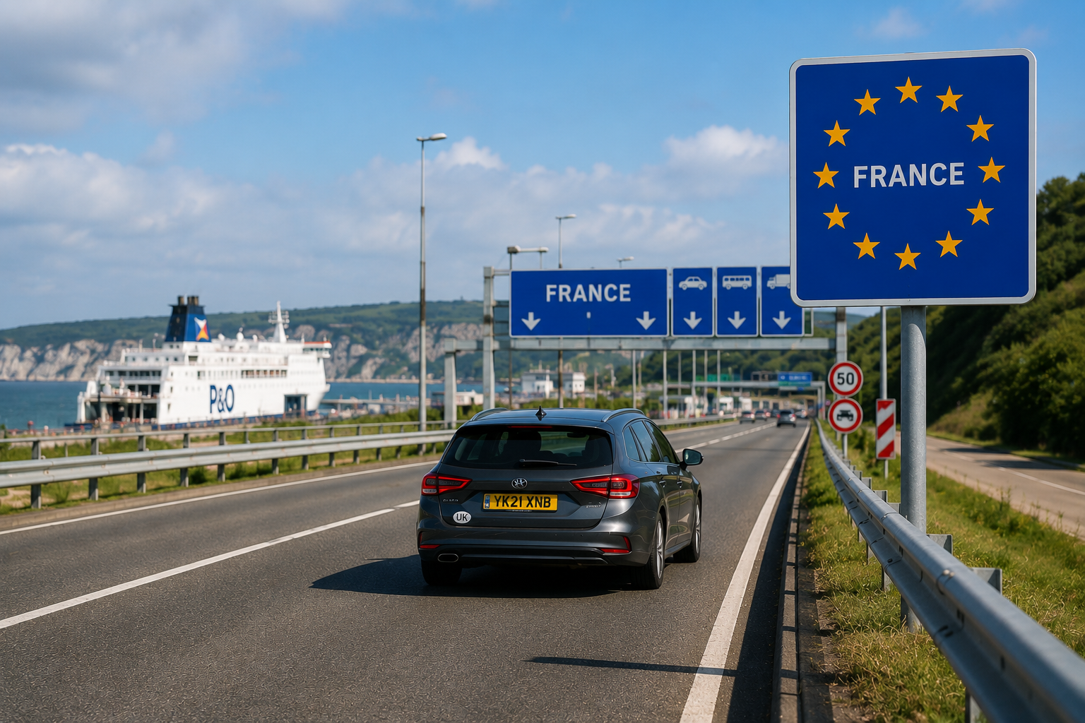 A car driving on a highway near the France border sign with a large ferry boat visible in the water on the left side, green hills in the background, and clear blue sky overhead.