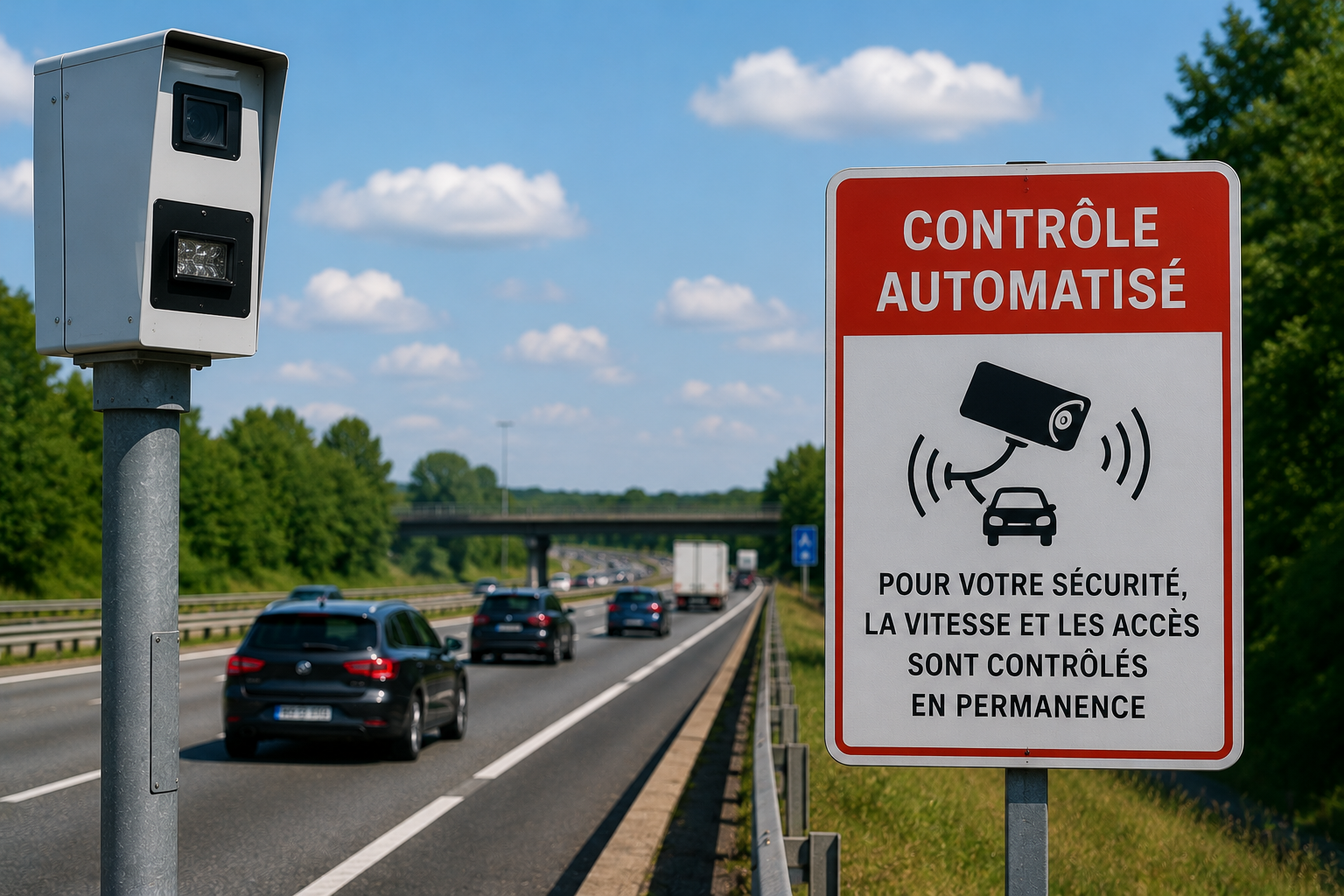 A speed camera and a red and white sign on the side of a highway. The sign reads 'Contrôle Automatisé' and explains that security, speed, and access are monitored permanently.