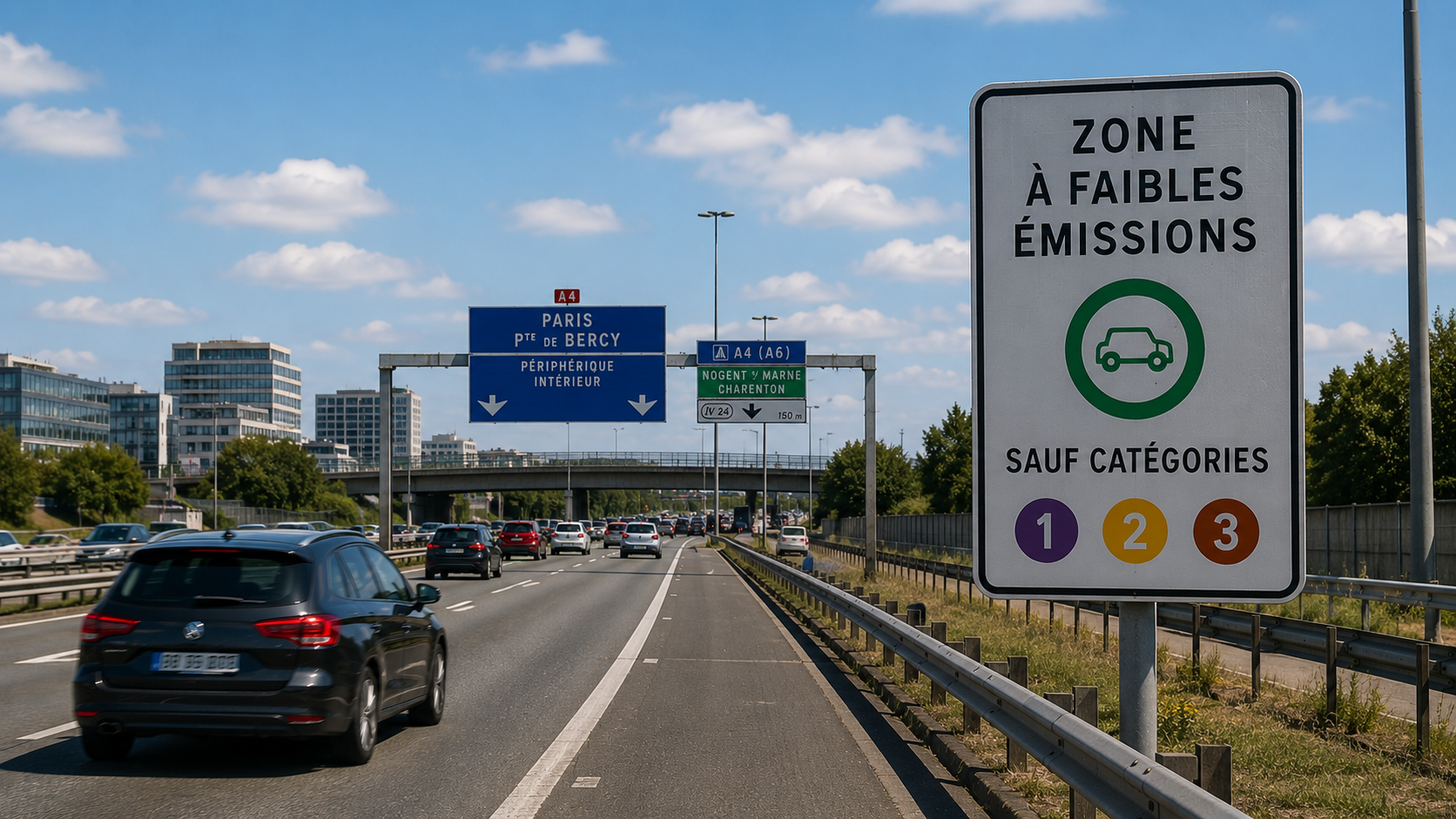 Highway with traffic and road signs in French, including a sign indicating low emissions zones with categories 1, 2, and 3, and signage pointing to Paris and other destinations.