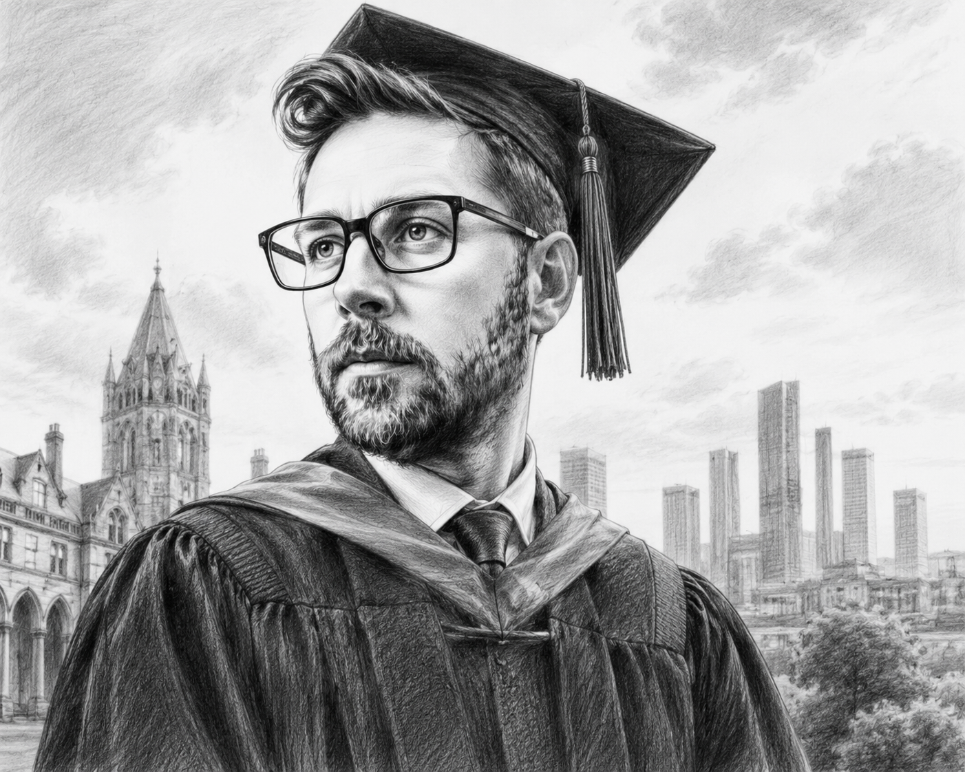 A man wearing glasses and a graduation cap and gown, standing outdoors with a cityscape in the background.