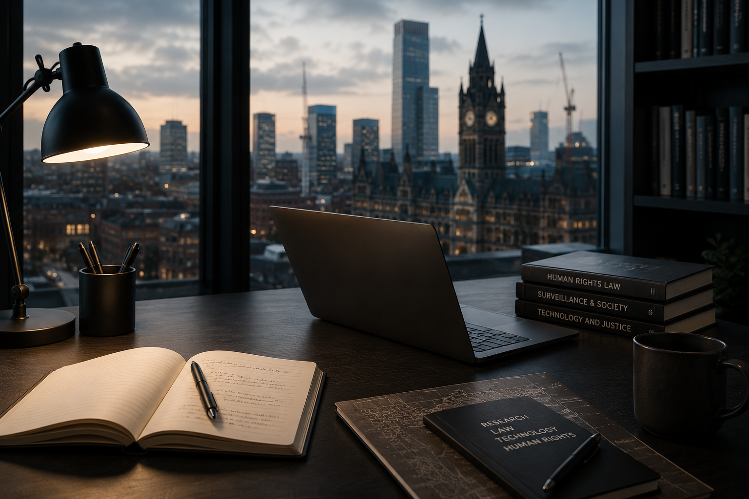 A research desk with an open notebook, a pen, a closed notebook, a black coffee mug, a desk lamp, a laptop, a stack of books titled 'Human Rights Law,' 'Surveillance & Society,' and 'Technology and Justice,' and a cityscape view through large windows showing historic and modern buildings at dusk.