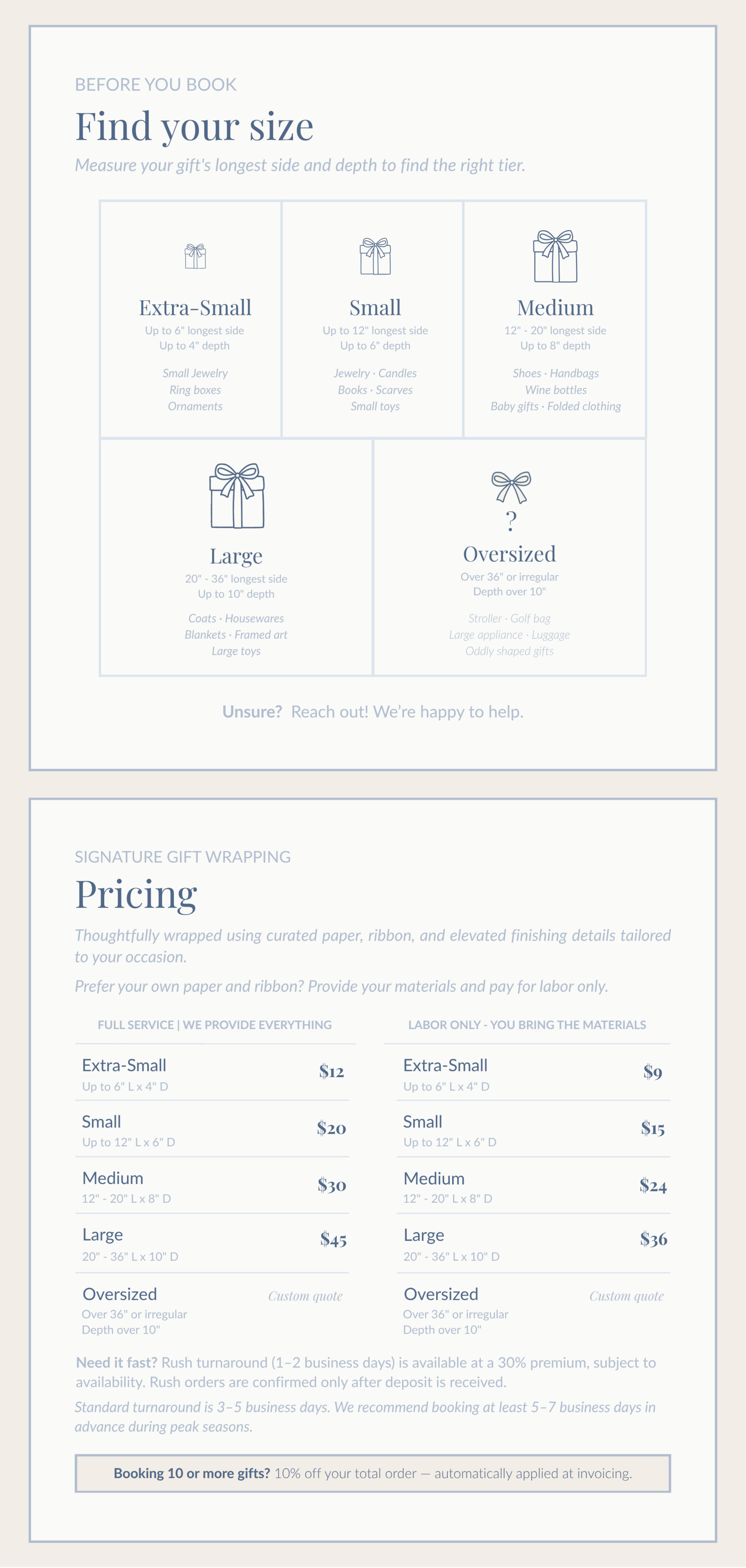 A guide for gift wrapping size options, including extra-small, small, medium, large, and oversized, with descriptions, examples, and pricing for full-service and labor-only options, followed by information about pricing, turnaround times, and discounts for large gift orders.