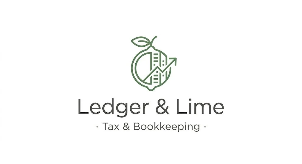 Logo for Ledger & Lime, a tax and bookkeeping service, featuring a stylized lime with a line graph and upward arrow inside.