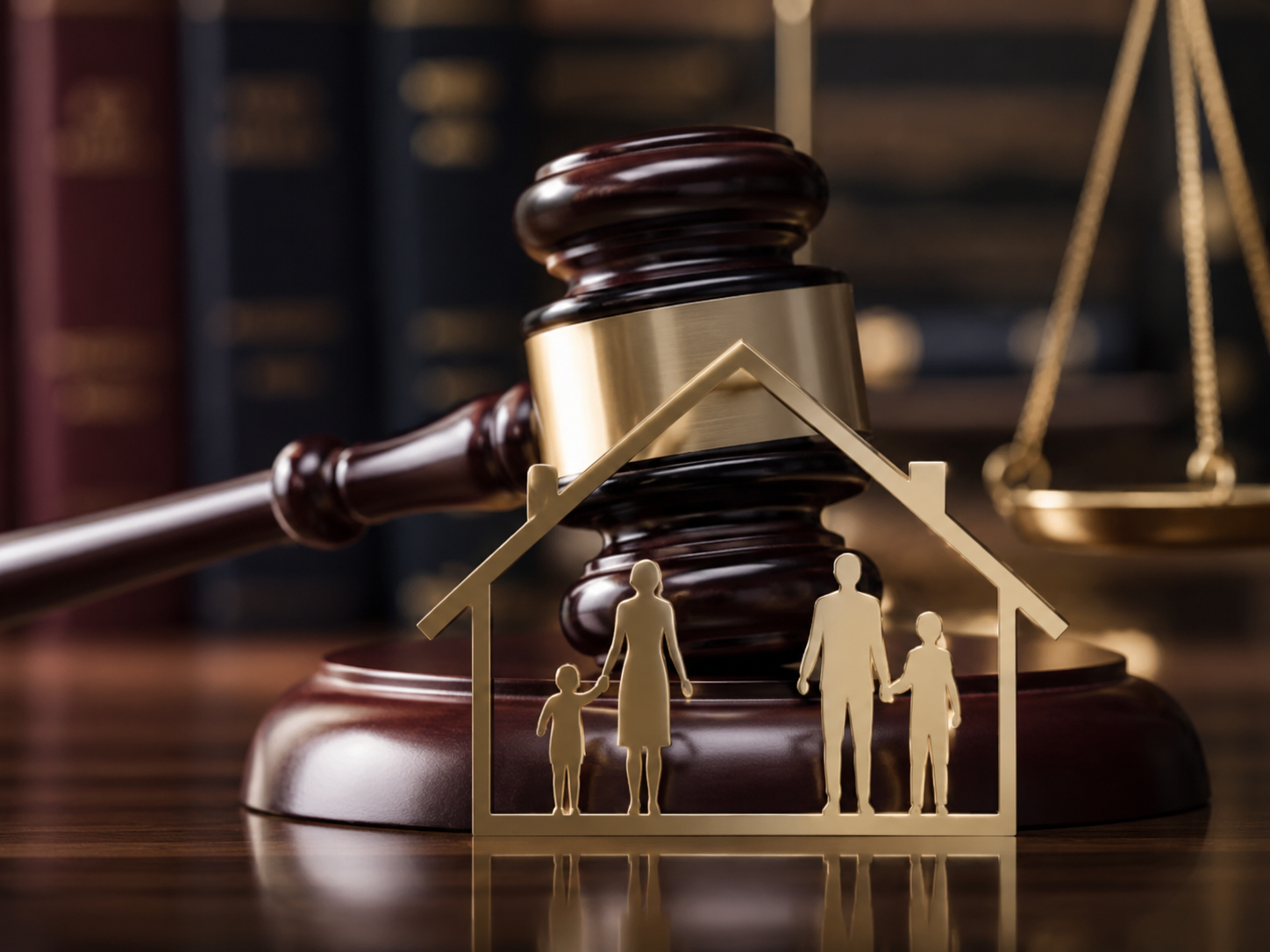 A judge's gavel, a gold house-shaped frame with silhouettes of a family, and a set of scales in the background, symbolizing law, family, and justice.