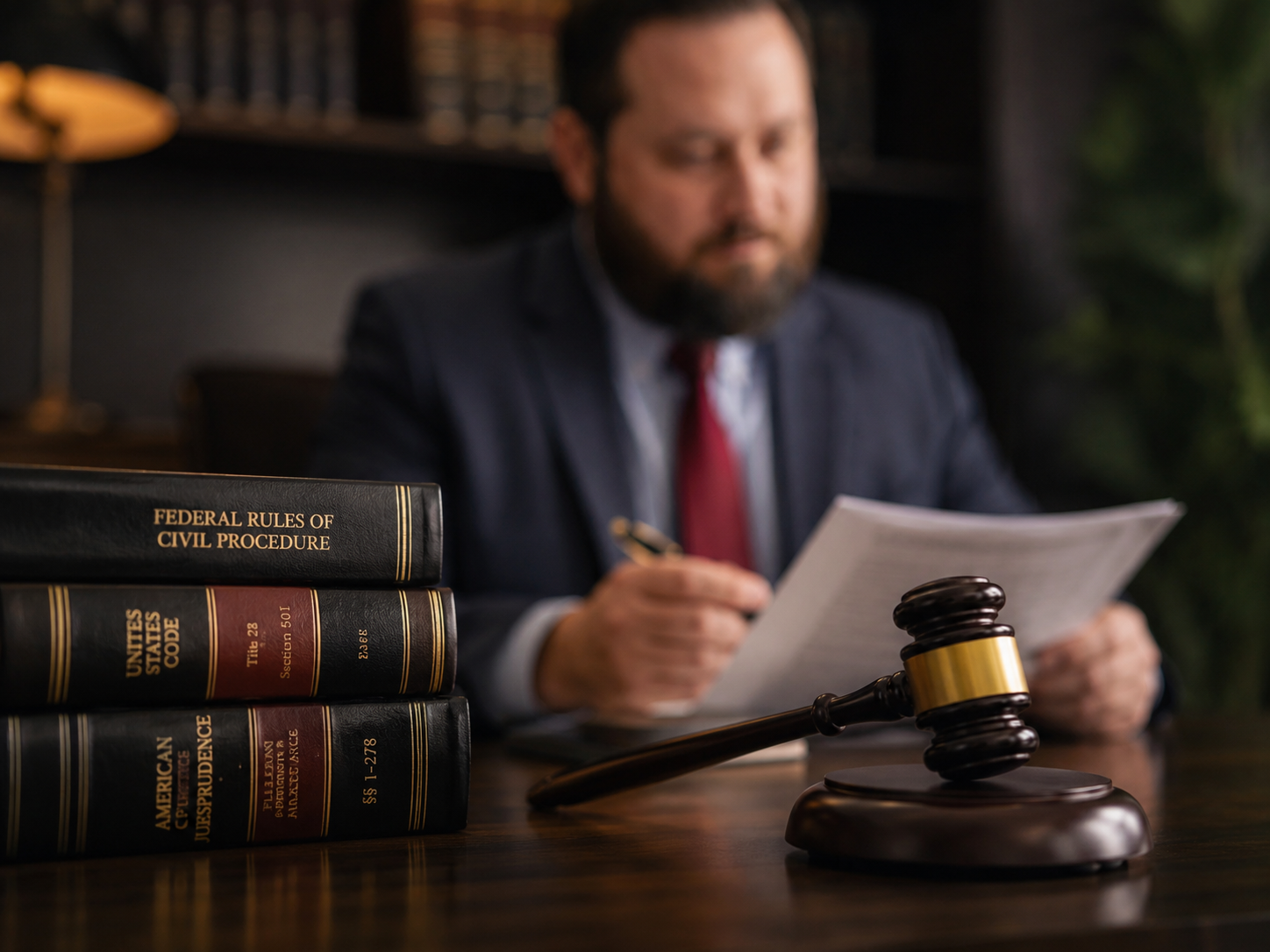 A judge's gavel on a wooden desk with law books, including 'Federal Rules of Civil Procedure' and 'United States Code', in front of a man in a suit reading papers in a dimly lit office.