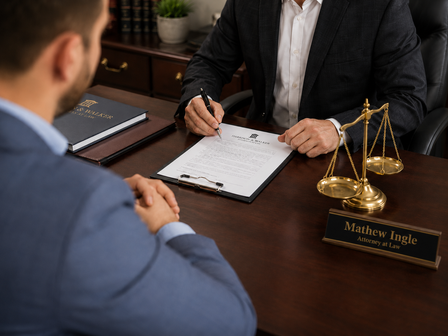 Lawyer sitting at desk with client, signing legal documents, nameplate reading 'Mathew Ingle, Attorney at Law', legal scale on desk, legal books behind