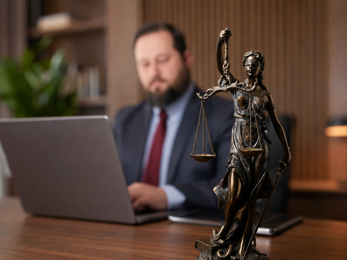 Lawyer sitting at desk working on laptop, bronze Lady Justice statue in foreground.