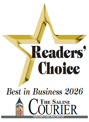 Gold star with the words 'Readers' Choice' inside, and 'Best in Business 2026' below, along with a logo of a clock tower and the text 'The Saline Courier' at the bottom.