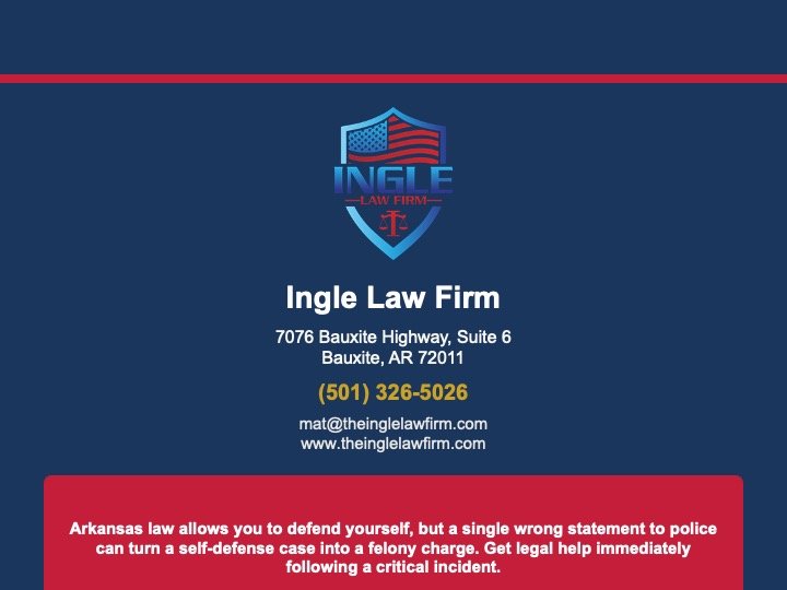 Business card for Ingle Law Firm with contact information and a legal shield logo.