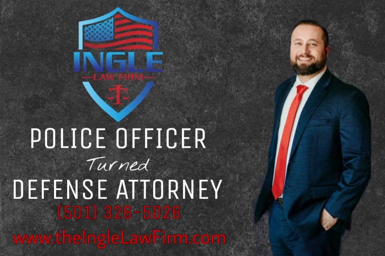 Promotional graphic for Ingle Law Firm featuring a smiling man in a navy suit and red tie, with the firm's logo, a shield with an American flag and a gavel, and contact information for a police officer turned defense attorney.
