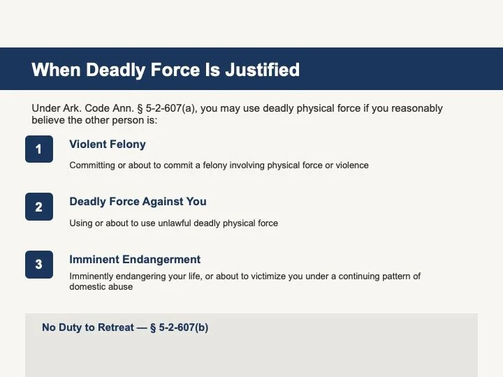 A legal document outlining when the use of deadly force is justified, including situations involving violent felony, deadly force against you, or imminent endangerment.