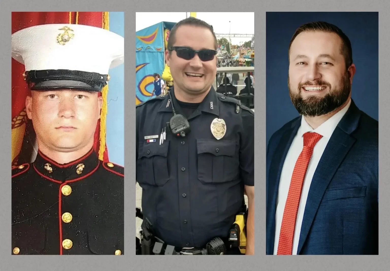 Three photos of a man in different professional attire: Marine in uniform, police officer in uniform, and businessman in suit and tie.