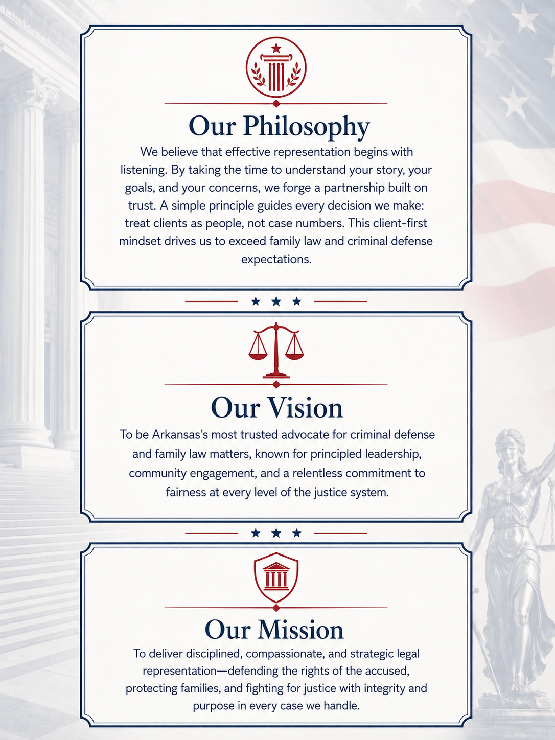 A legal or political statement document with sections titled 'Our Philosophy,' 'Our Vision,' and 'Our Mission,' each with a related icon: legal column, scales of justice, and courthouse. The background features a faint American flag and a statue of Lady Justice.