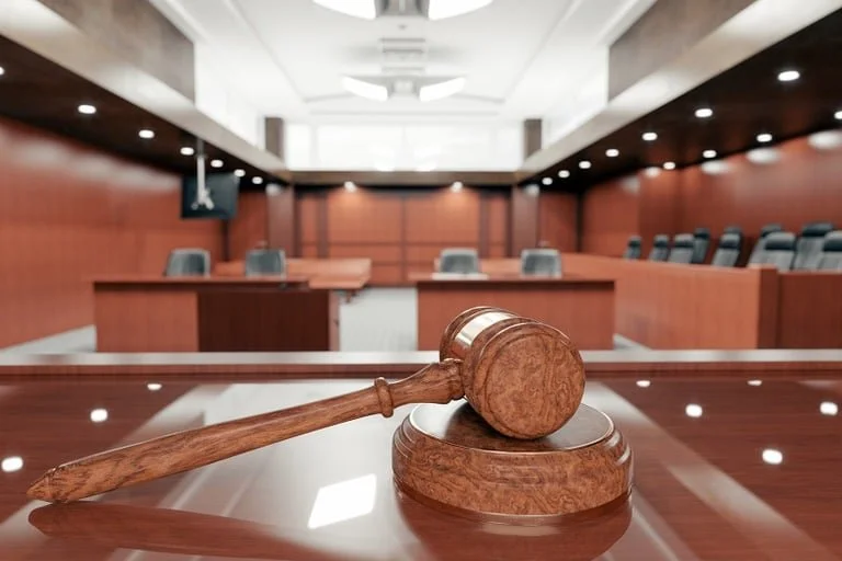 Wooden gavel resting on a block in a courtroom or conference room with empty chairs and tables.