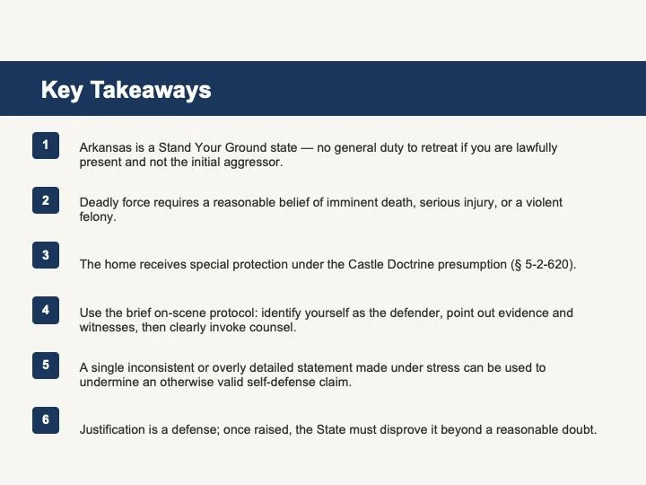 A slide titled "Key Takeaways" listing six points about self-defense and legal principles related to fighting and defending oneself.