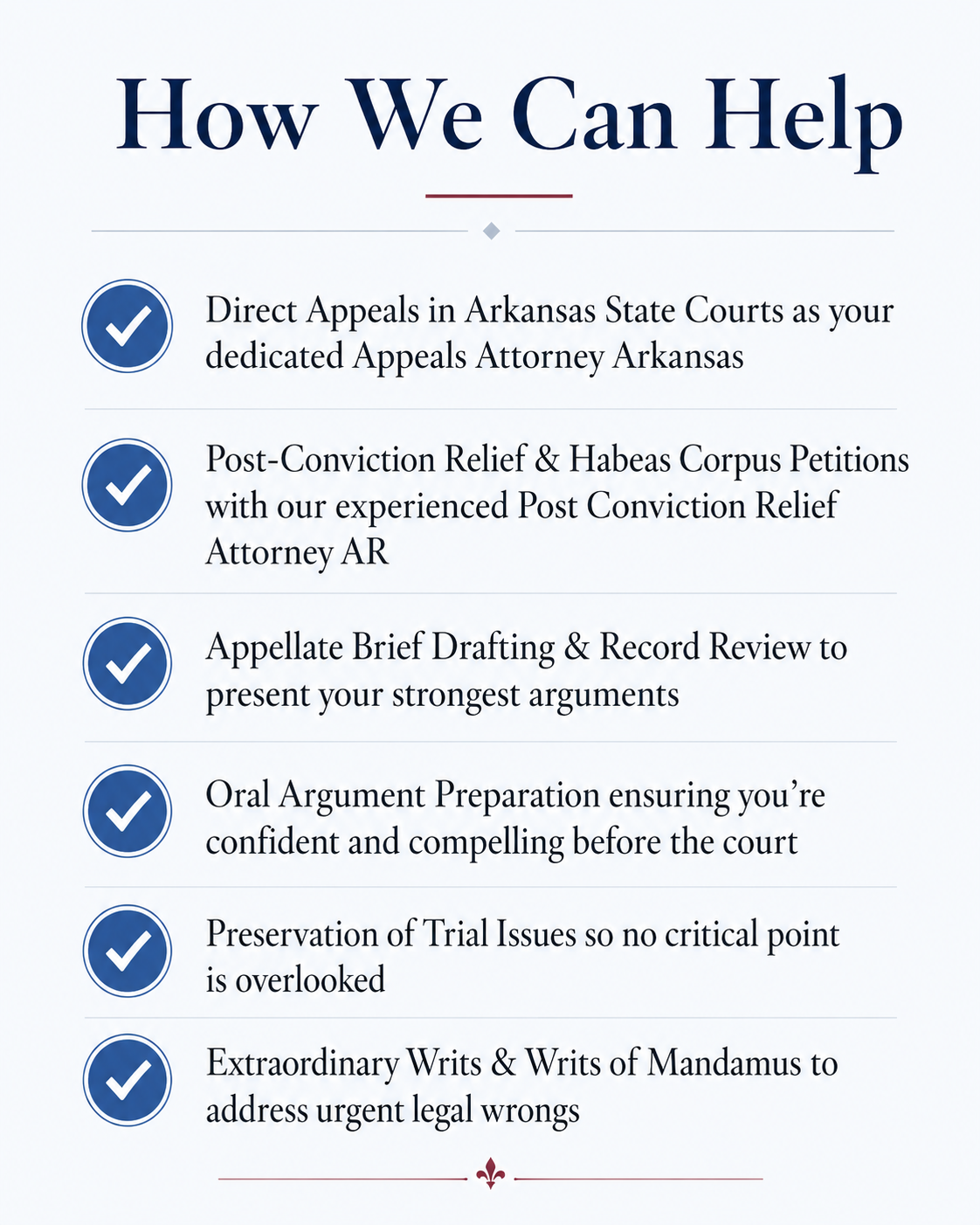 A list titled 'How We Can Help' detailing legal services in Arkansas, including appeals, post-conviction relief, appellate brief drafting, oral argument preparation, trial issue preservation, and urgent legal writs, with blue checkmarks next to each service.