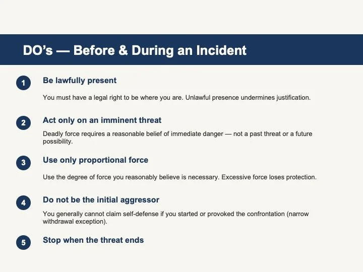 Guidelines titled "DO's — Before & During an Incident," listing five points: 1. Be lawfully present, 2. Act only on an imminent threat, 3. Use only proportional force, 4. Do not be the initial aggressor, 5. Stop when the threat ends.