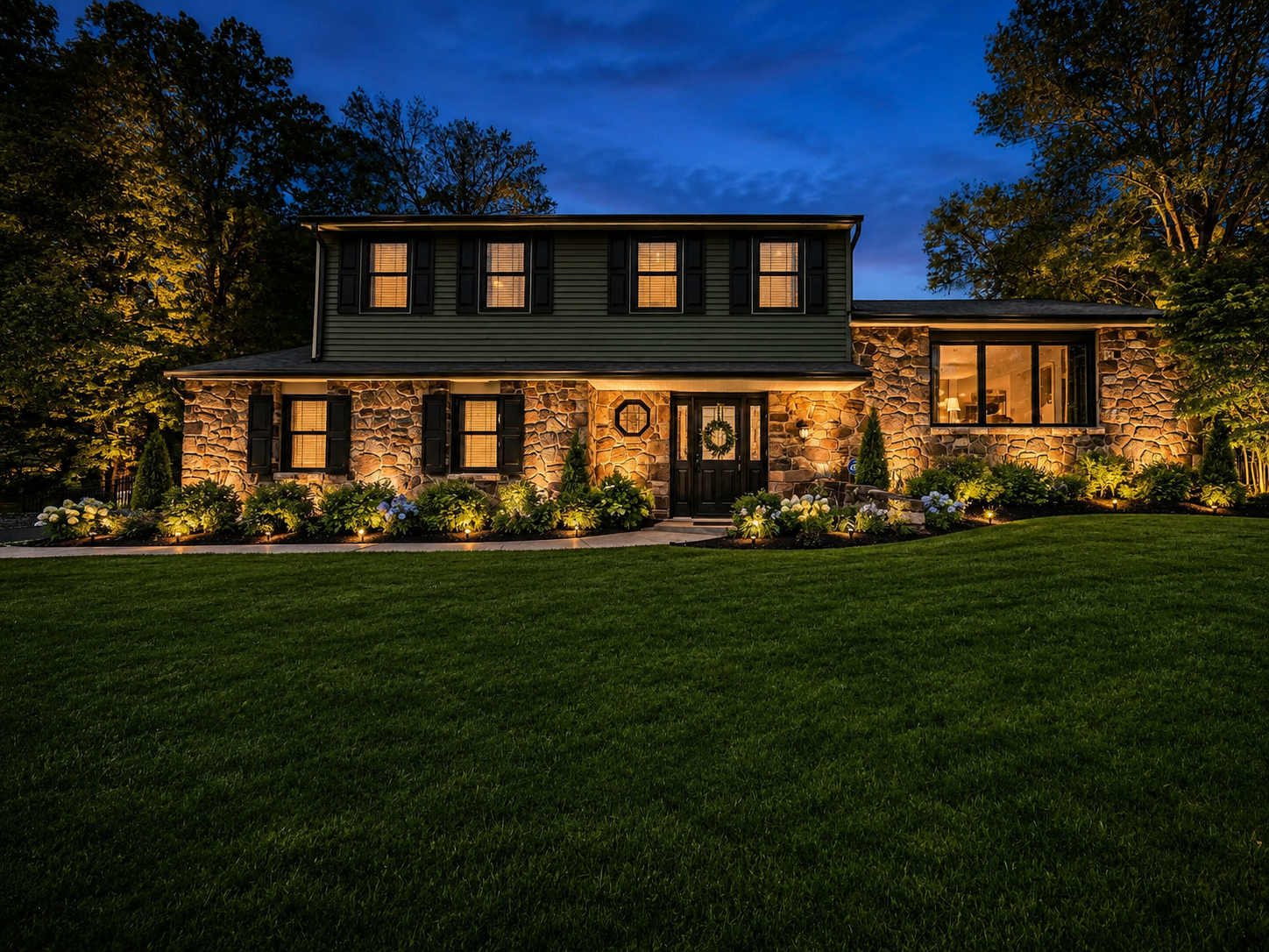 A two-story house with stone and green siding exterior illuminated at dusk, surrounded by a well-maintained lawn and landscaped garden.