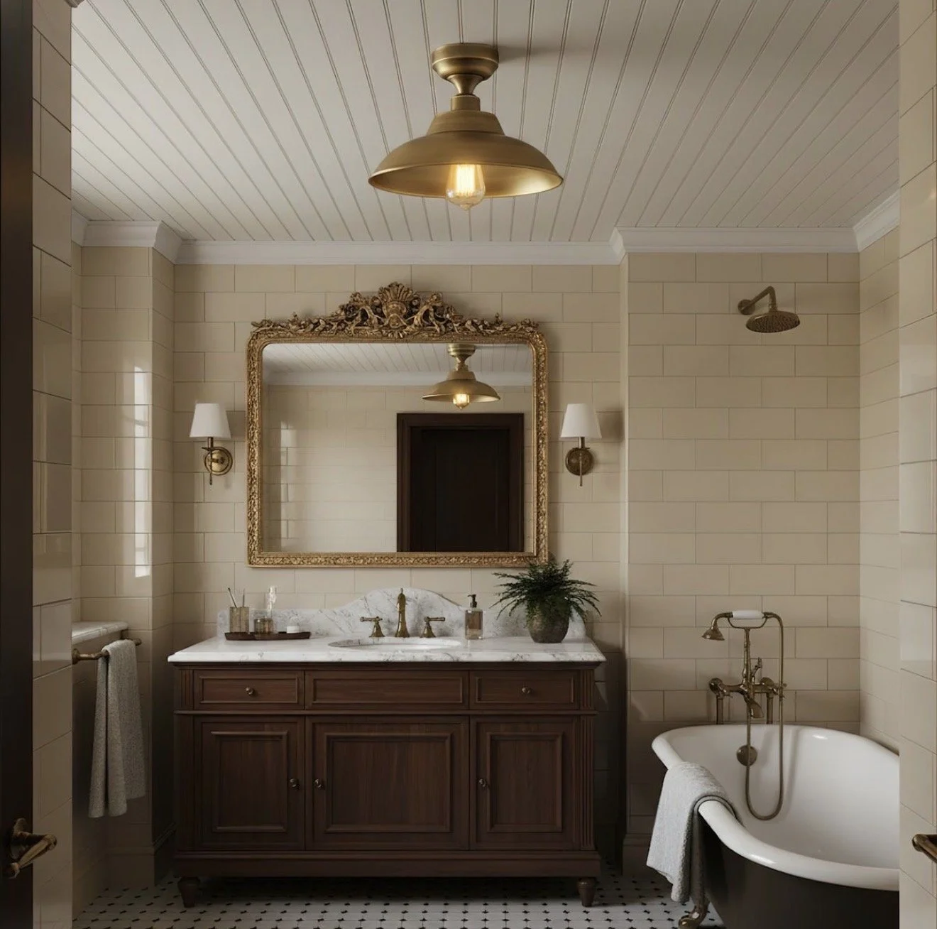 A vintage-style bathroom featuring a wooden vanity with a marble countertop, a large ornate gold-framed mirror, a white bathtub with gold fixtures, a plant, and wall-mounted sconces with white shades. The ceiling has white paneling and a gold ceiling fan with a light.