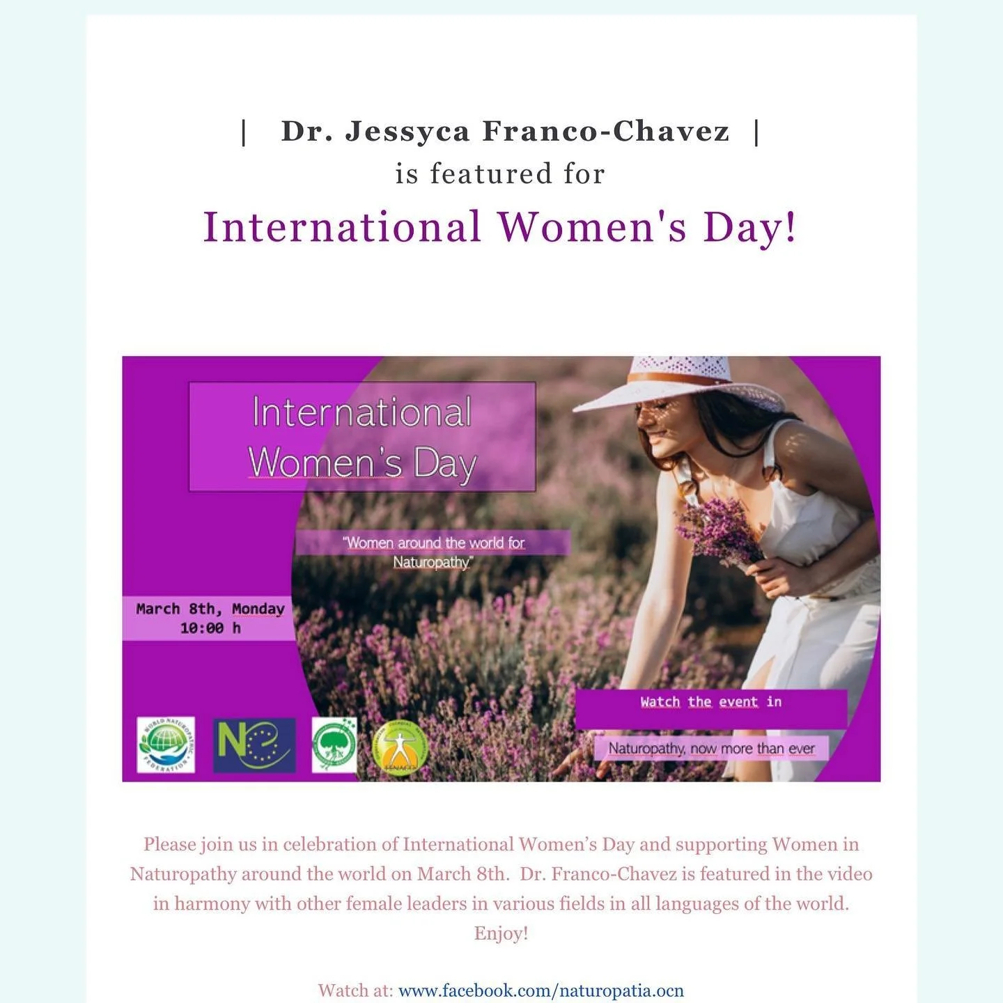 💜💟💜💟💜💟💜💟💜
&ldquo;This week we celebrated International Women&rsquo;s Day. And to celebrate it, we have met several women from the naturopathic profession, to unite our voices and celebrate with you.
Although there are still many things to co