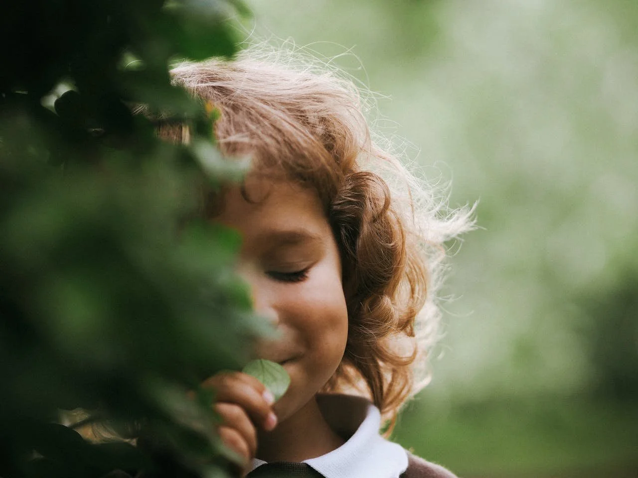 Young child holding a leaf near their face while partially hidden by greenery