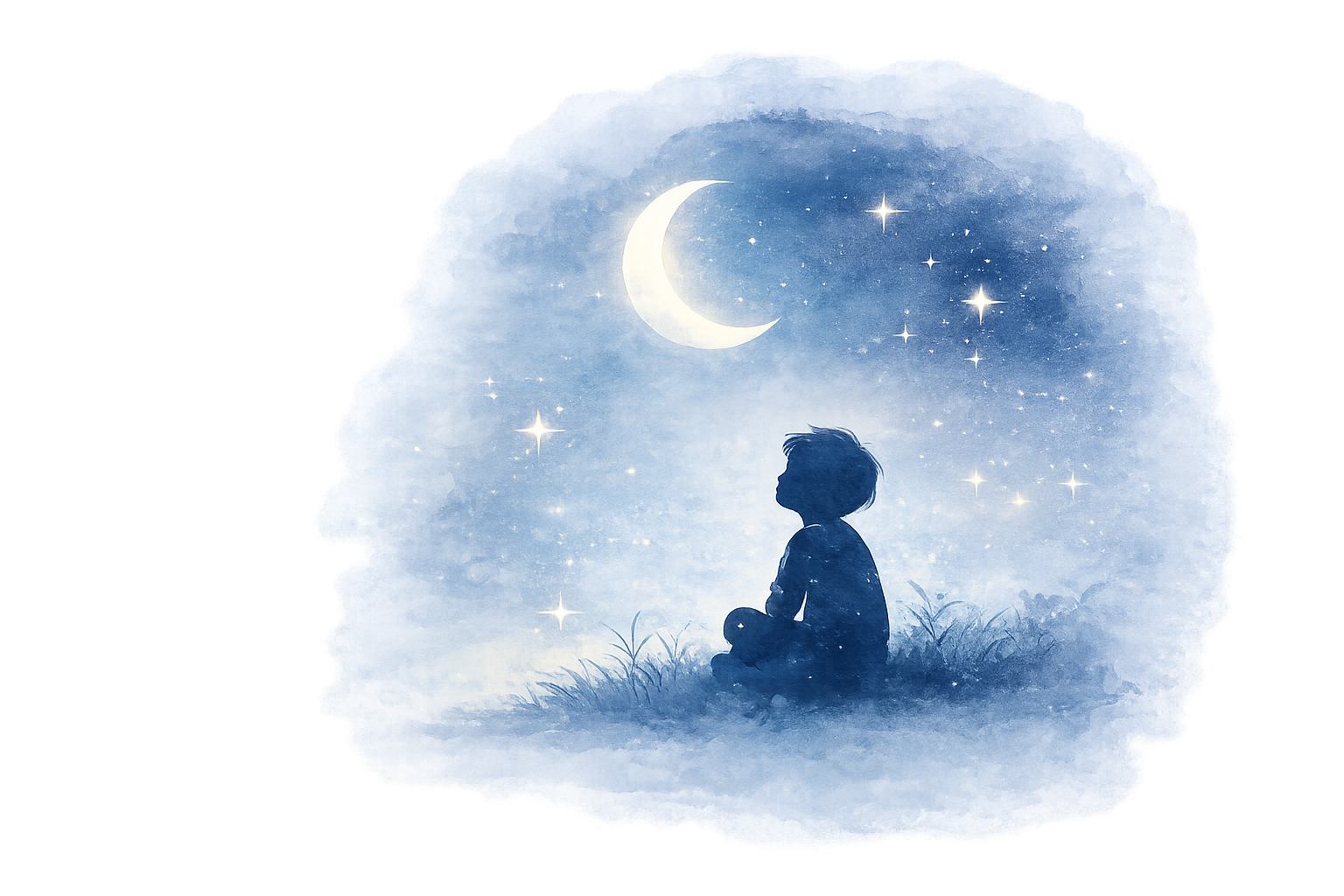 Watercolor illustration of a child sitting beneath a crescent moon and stars