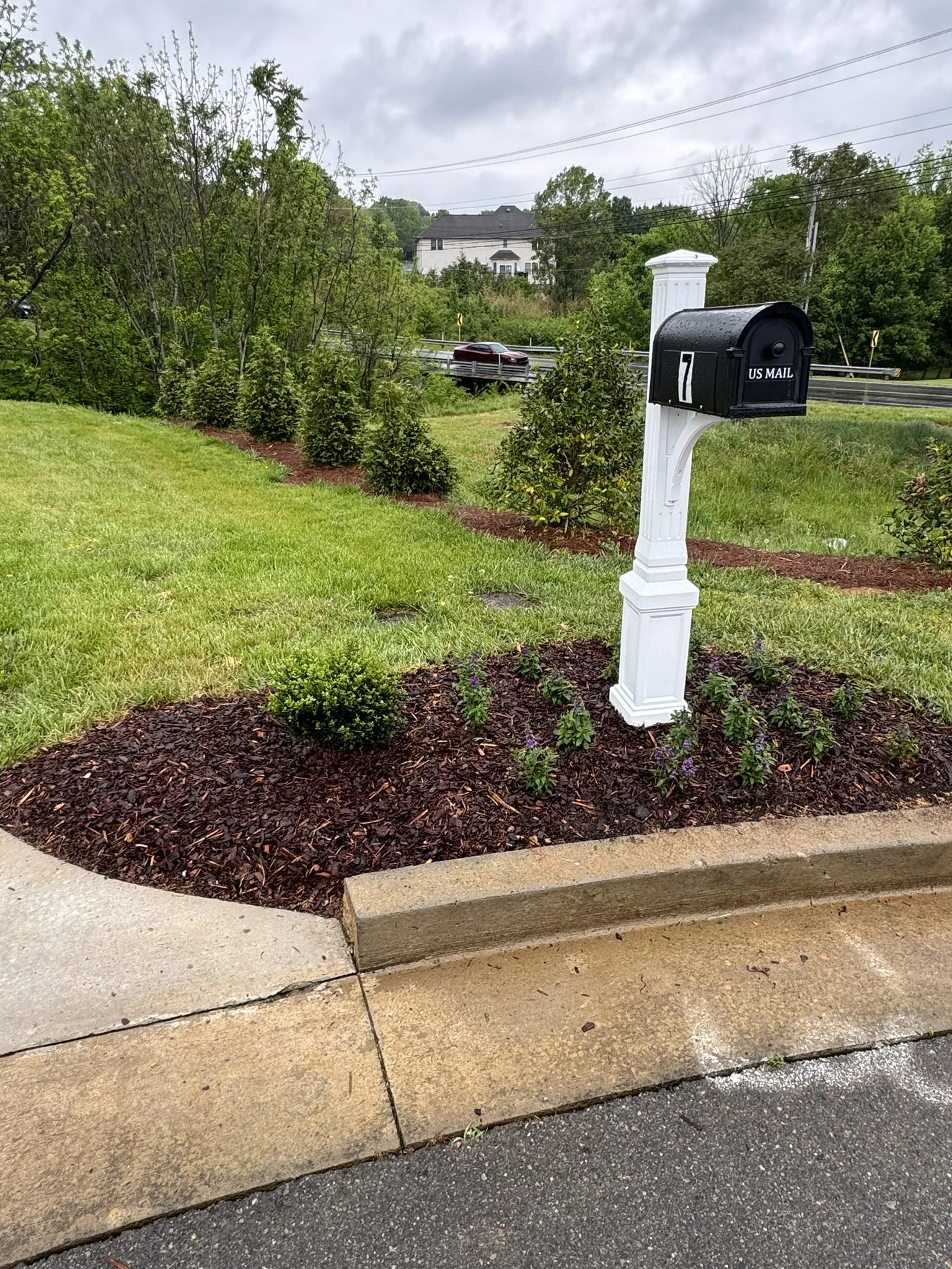 Custom mailbox landscape installation with shrubs and mulch designed to improve curb appeal and conceal utility equipment.