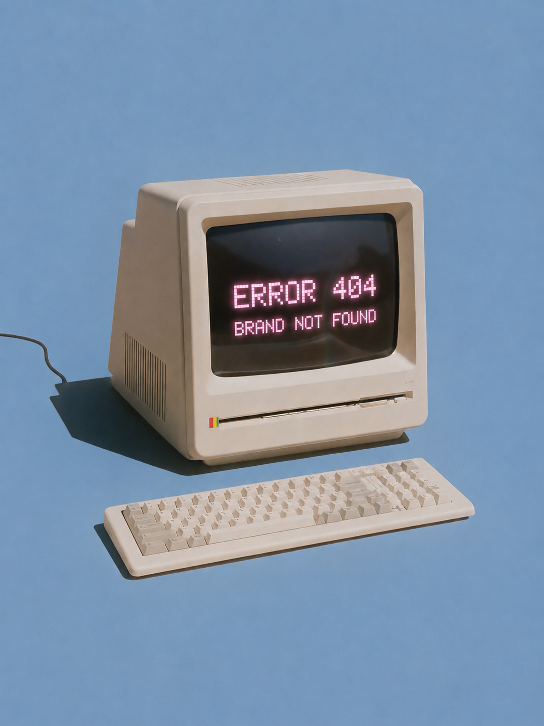 An old beige computer monitor with a keyboard, displaying an error message that reads 'ERROR 404 BRAND NOT FOUND' in pink text on a black screen, set against a blue background.