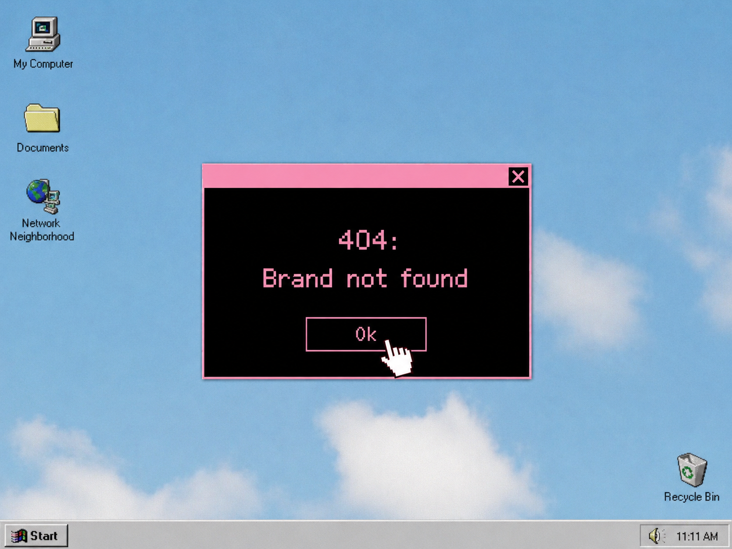 Computer screen with a desktop background of blue sky and white clouds, showing a pop-up error message reading '404: Brand not found' with a pink border and an 'OK' button, and icons for My Computer, Documents, Network Neighborhood, and Recycle Bin.